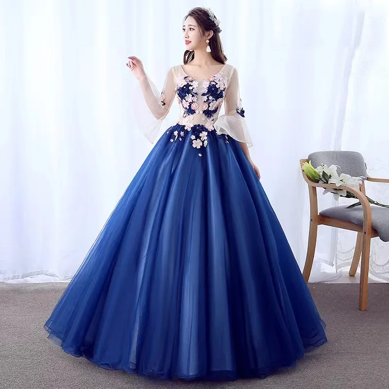 Elegant Navy Blue Quincenara Dresses Sheer Long Sleeve Applique Flowers Women Prom Dress Vestidos De 15 Años Quinceañeras 2024