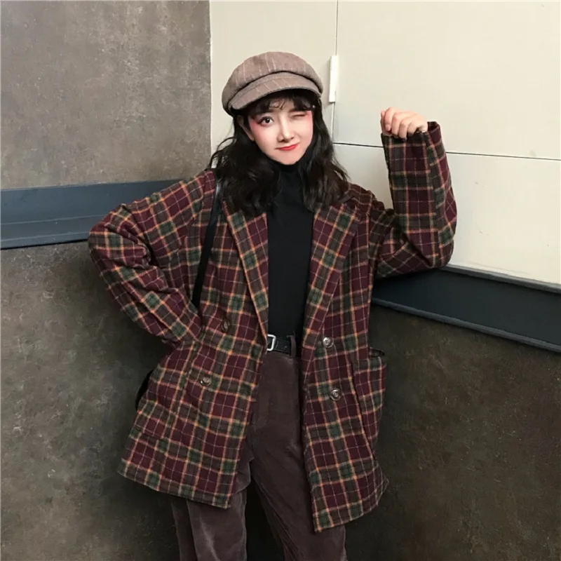 Korean ulzzang loose plaid woolen coat female autumn new ins Harajuku vintage fashion suit collar button casual women\'s jacket