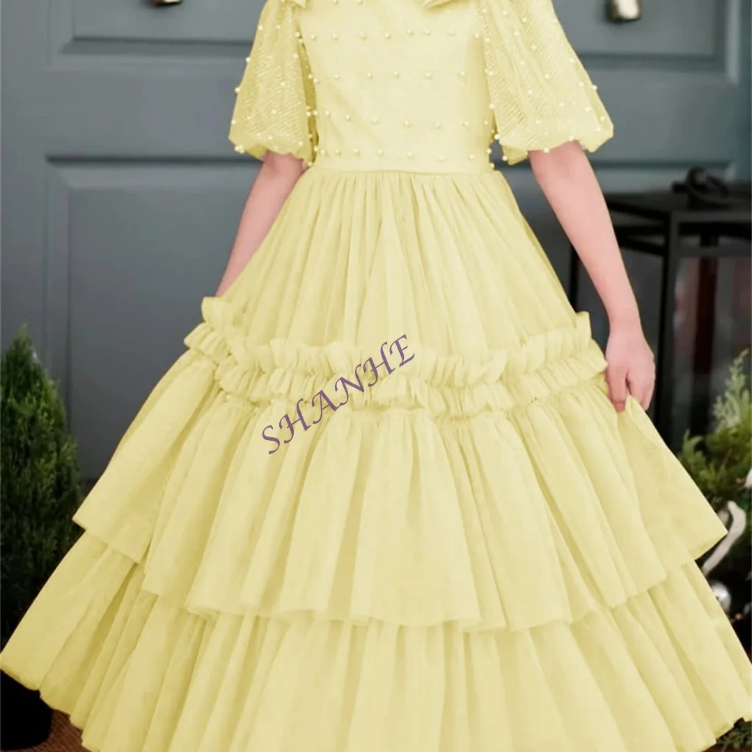 تخصيص الديكور س الرقبة نصف كم أنيقة فاخرة زهرة فتاة فستان الكاحل طول الكرة الطويلة الكلاسيكية ثوب التواصل الأول مخصص #5