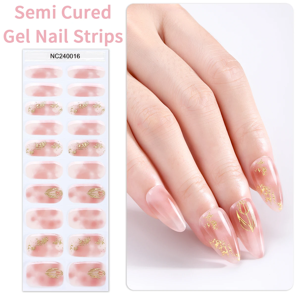 

20Tips Pink Gradient Semi Cured Nail Gel Strips Glitter Spring Flowers Gel Nail Stickers Long Lasting Full Adhesive Nail Wraps