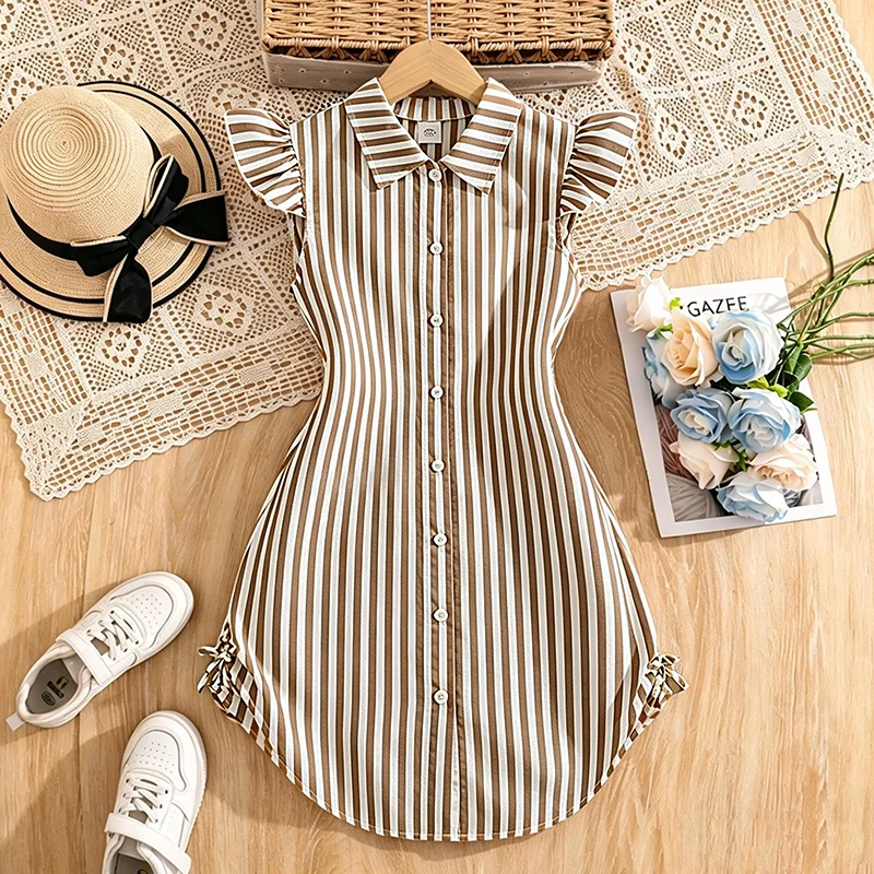 Blau-weiß gestreiftes Kleid für Mädchen von 8–12 Jahren, Hemdkragen mit Rüschenärmeln und gestreiftes Button-Down-Kleid mit seitlichen Bändern, lässige Kinderkleidung – Detail 20