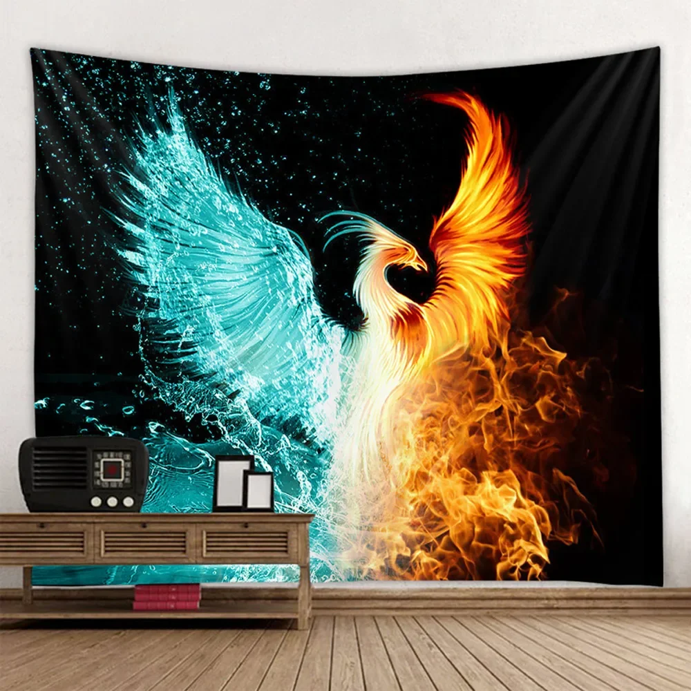 Blue and Red Fire Phoenix Wall Hanging Tapestry Flying Bird Art Design Blanket Curtain Hanging Bedroom Living Room Decorations