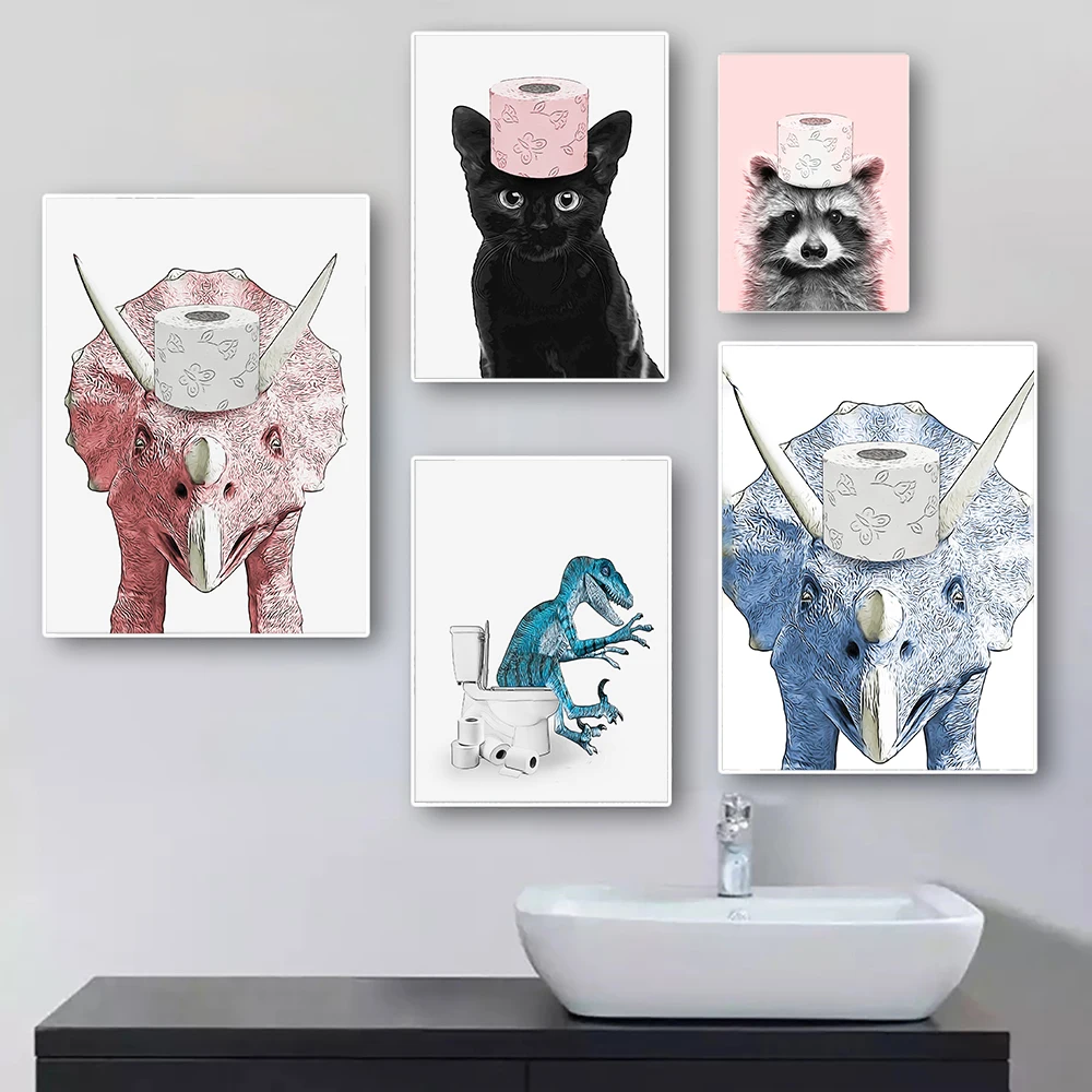 Dinosaur Funny Raccoon Rhino Art Poster Wall Canvas Painting Toilet Paper Animal Canvas Painting Bath Room Home Decor Black