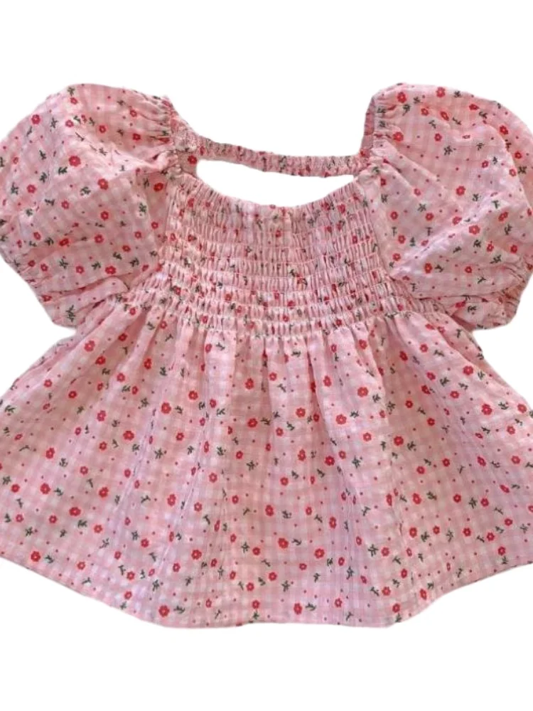 夏花柄半袖シャツ小さな女の子ベビードールスタイル花柄スカートセットスクエアカラー多用途シルクトップ