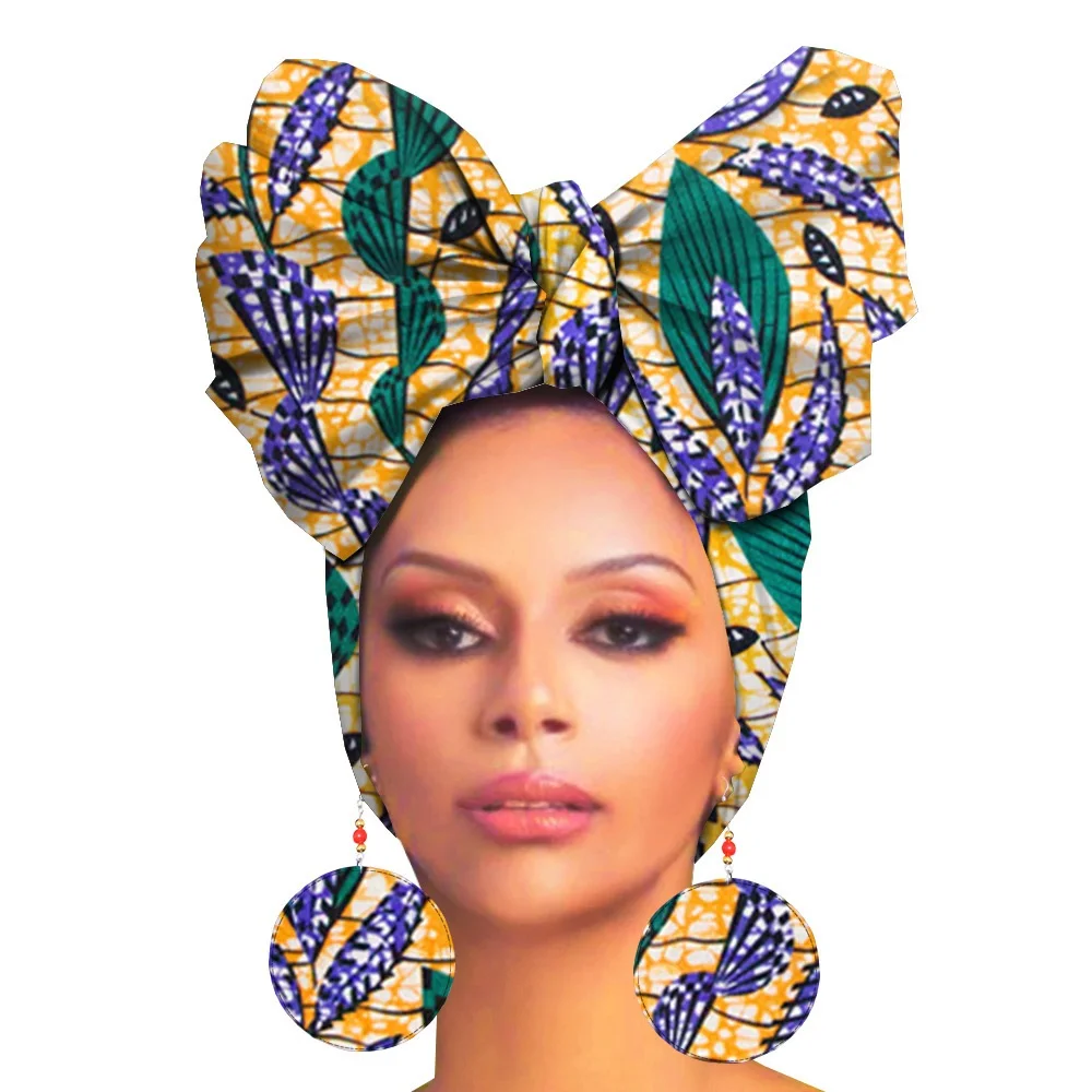 African Print Head Bandana Scarf Women And Matching Dorp Earring Wax Cotton Head Scarves Bandana Headband Set Hair Accessories