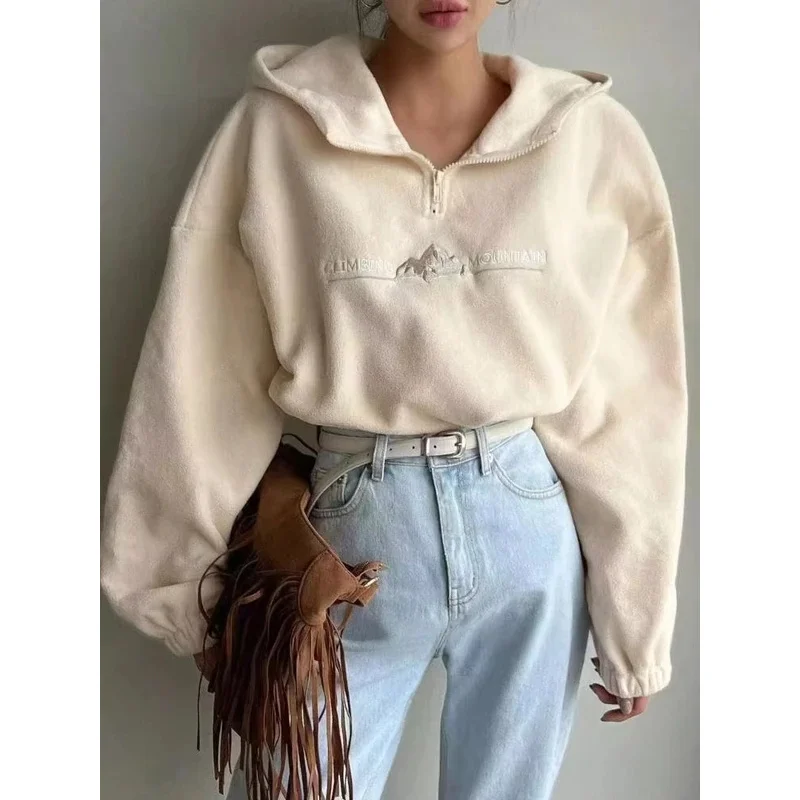 패션 플리스 지퍼 풀오버 탑 빈티지 옷 가을 겨울 자수 스트리트 기본 후드티 신상 여성 후드 스웨트셔츠