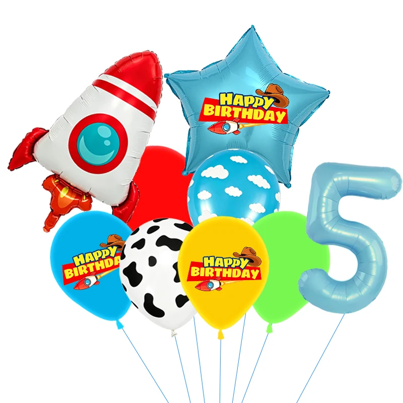 Rote, gelbe und grüne Spielzeugballons, hellblaue Ballons mit Wolken- und Kuhmuster für die Dekorationen zu Babystory- und Cowboy-Partys – Detail 24