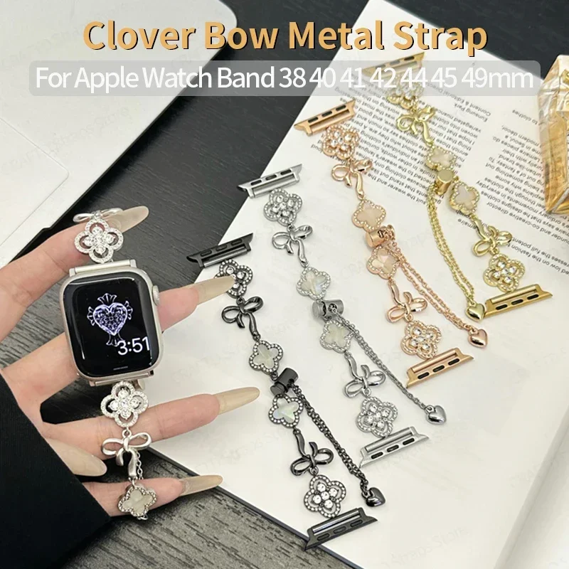 Clover Bow Metal Strap for Apple Watch 44mm Band Correa 49mm 45mm 40mm 41 38 Diamond Link Bracelet for IWatch Serie 9 8 7 6 5 Se