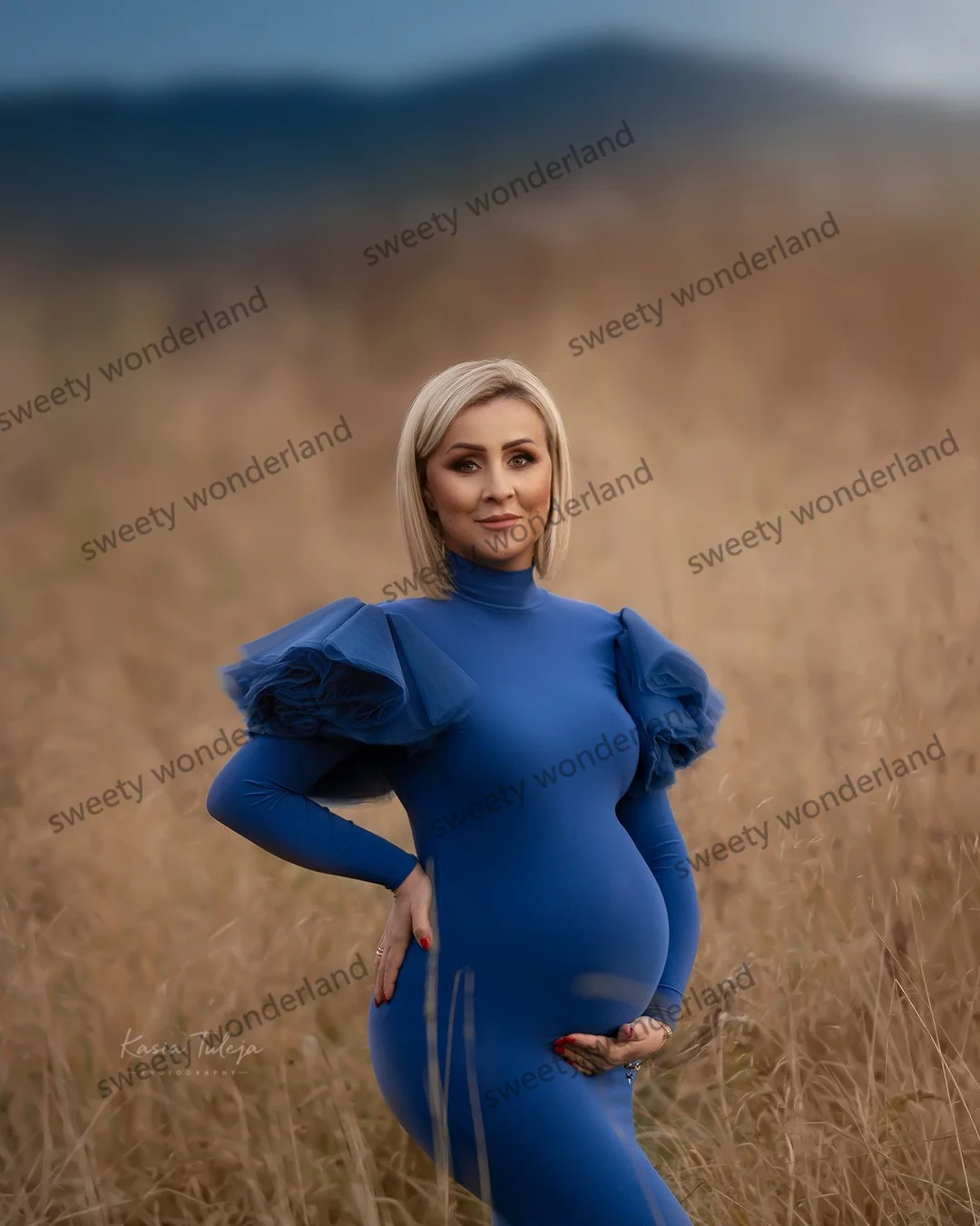 Blue Long Sleeve Maternity Photoshoot Dress with Detachable Train Women Elegant Prom Gown for Baby Shower