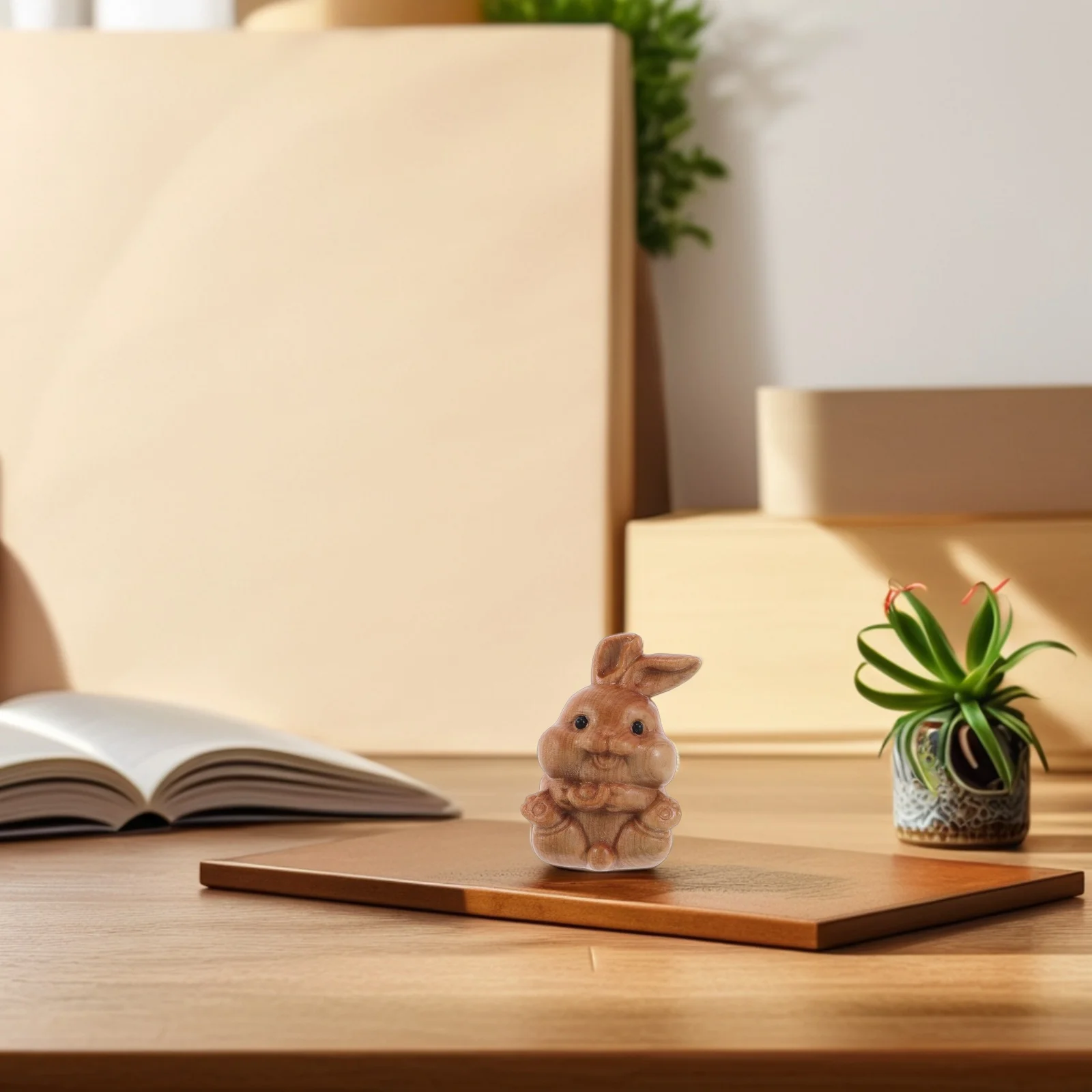 

Hand Carved Wooden Rabbit Ornament Small Bunny Sculpture Desktop Decor Adorable Rabbit Holding Symbol for Office Home