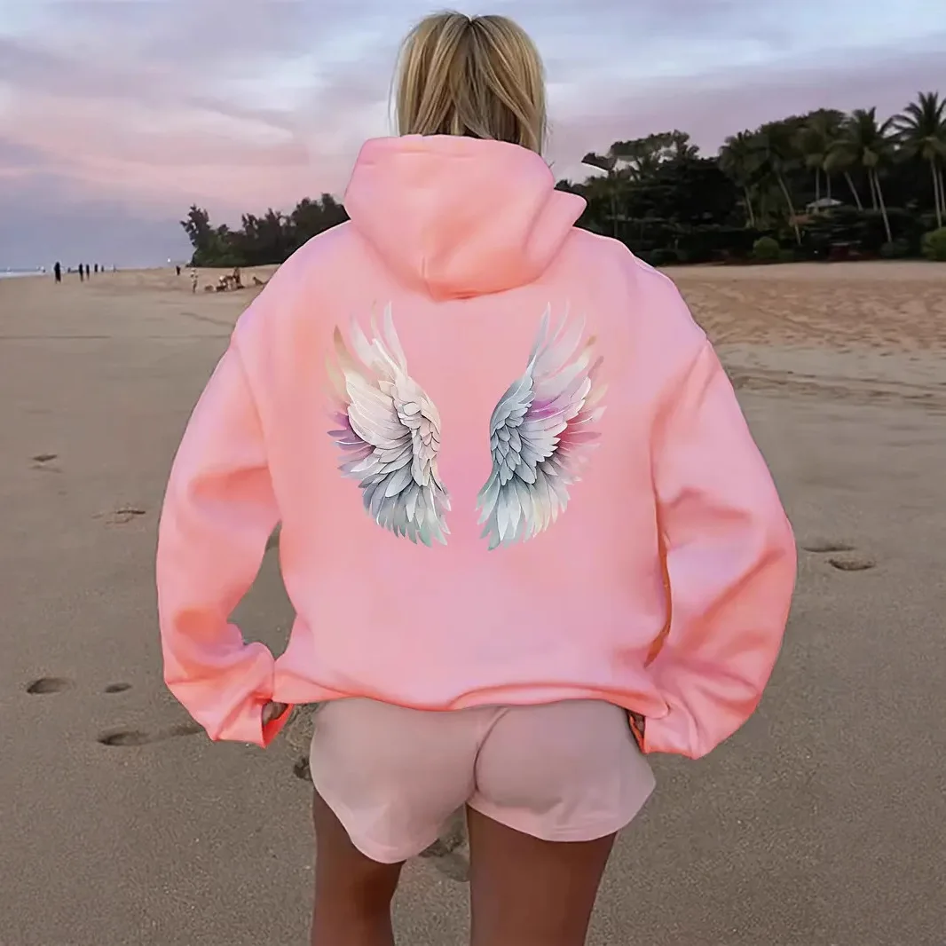 

Women Fashion Wing Printed Hoodies Autumn Winter Plus Velvet Casual Loose Sweatshirt Y2K Hooded Clothes