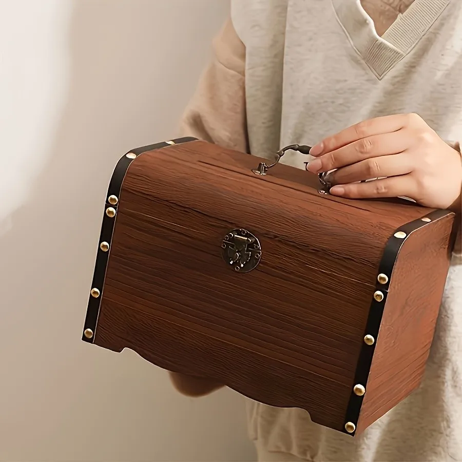 Vintage Wooden Piggy Bank with Lock, Retro Treasure Chest Coin Saving Box for Kids, Home Decor Money Storage Organizer