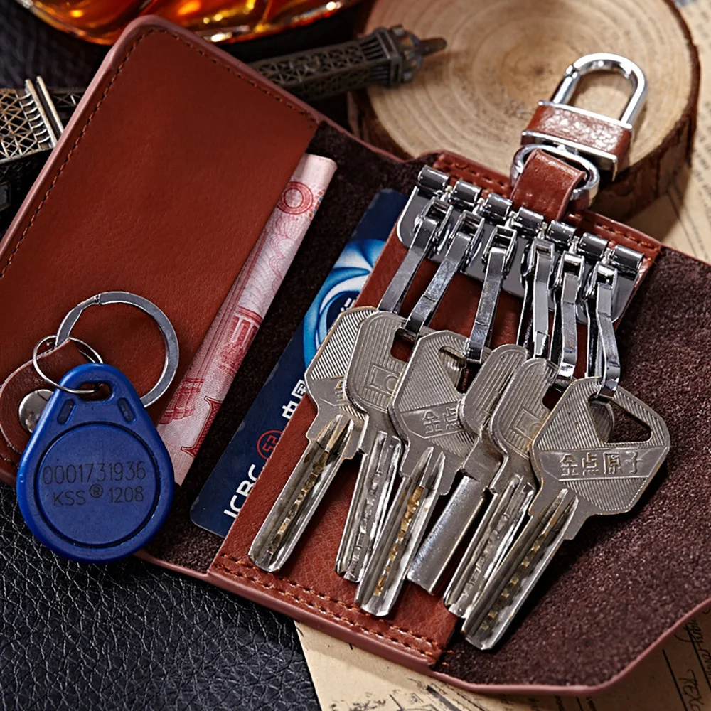 

Genuine Leather Car Key Case for Men and Women Small Car Key Chain Wallet Pouch 6 Hook Snap Closure keys Money Organizer Case