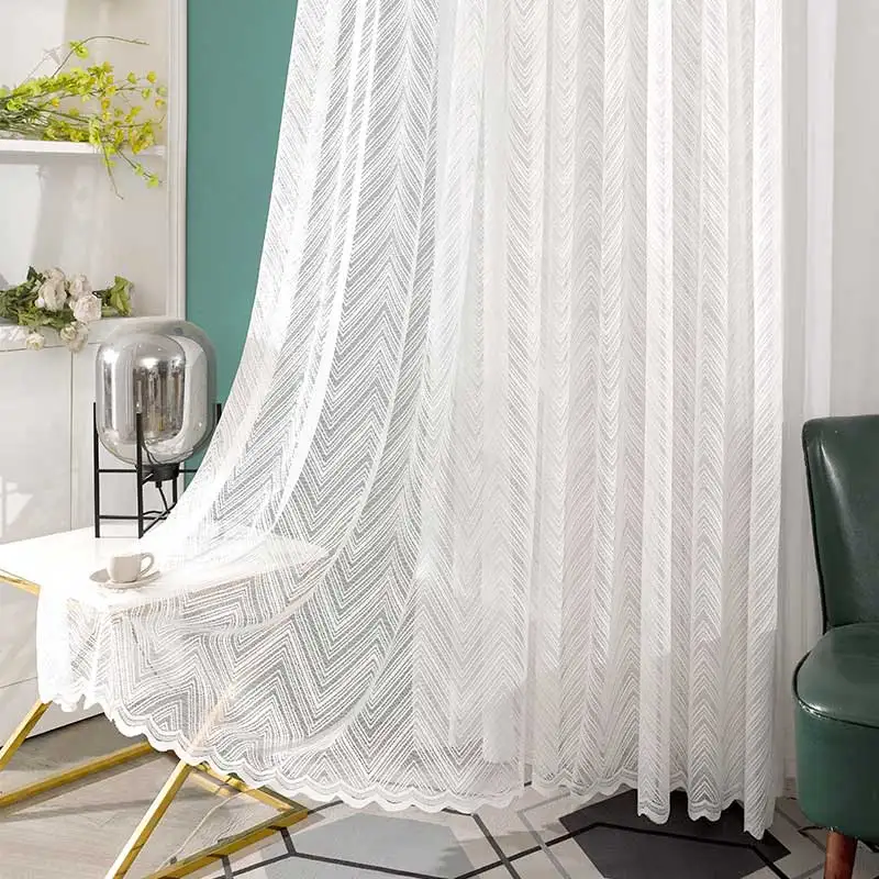 Nordic Striped Tulle Curtains for Living Room, White Lace, Semi-Shading Voile, Window Curtain for Bedroom, Sheer Blind Drape