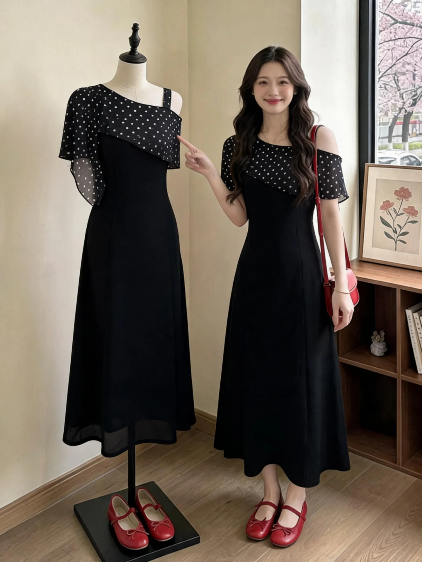 

Black Polka Dot Asymmetrical Shoulder Women's Dress Summer New plus Size Slimming High Waist Long Skirt Korean Style Commute