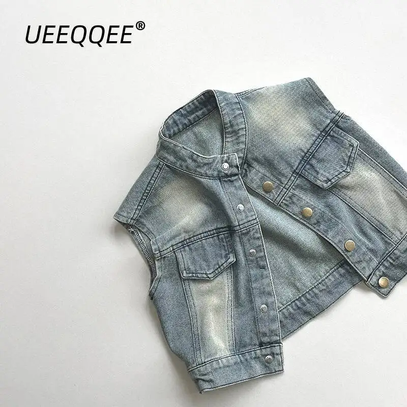 

Spring Autumn Children Vest 1-8Y Boys Cotton Denim Spliced Casual Waistcoats Tank Tops Korean Toddler Outerwear For Kids Clothes