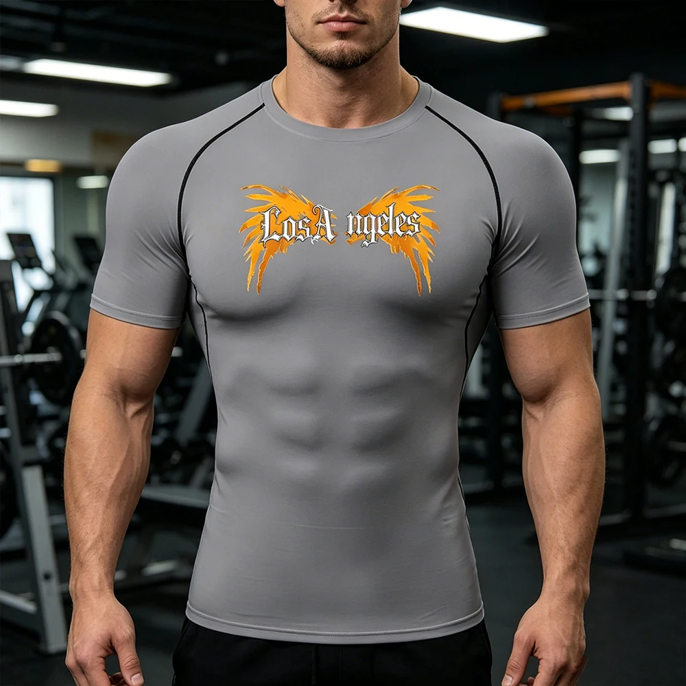 Men's Quick Dry Compression T-shirt Gothic Font Wings Print Breathable Short Sleeve for Gym Workout Training Running Fitness