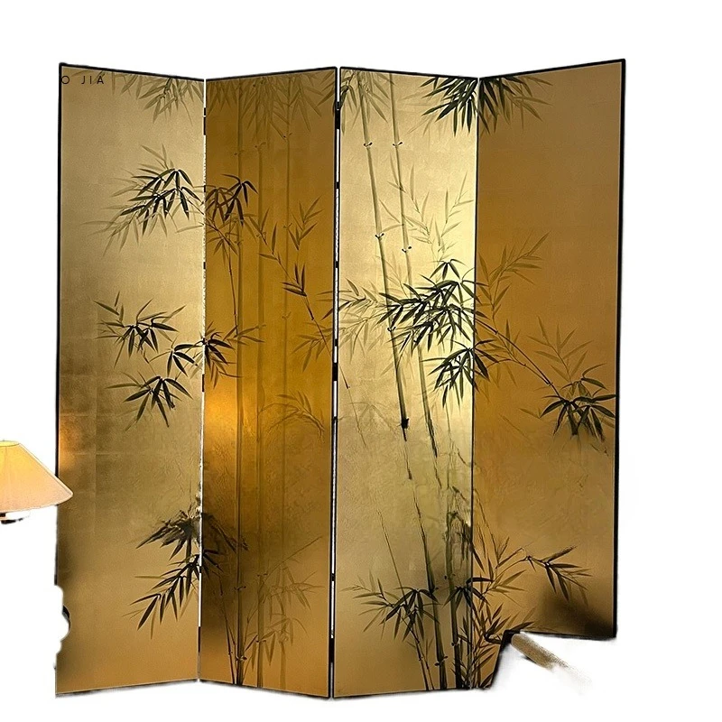 

Hand painted lacquer painting bamboo screen Japanese gold foil folding living room tea room partition movement