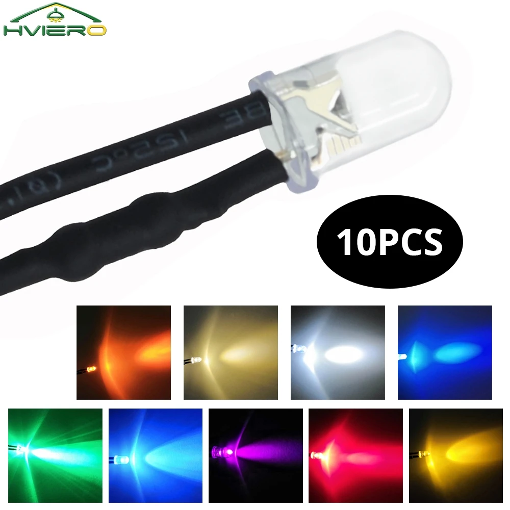 10Pcs 5mm Pre Wired LED Round Bulb Chip Lighting Beads Diodes 20cm Pre-soldered Cable DC 12V Decoration Emitting Atmosphere Neon