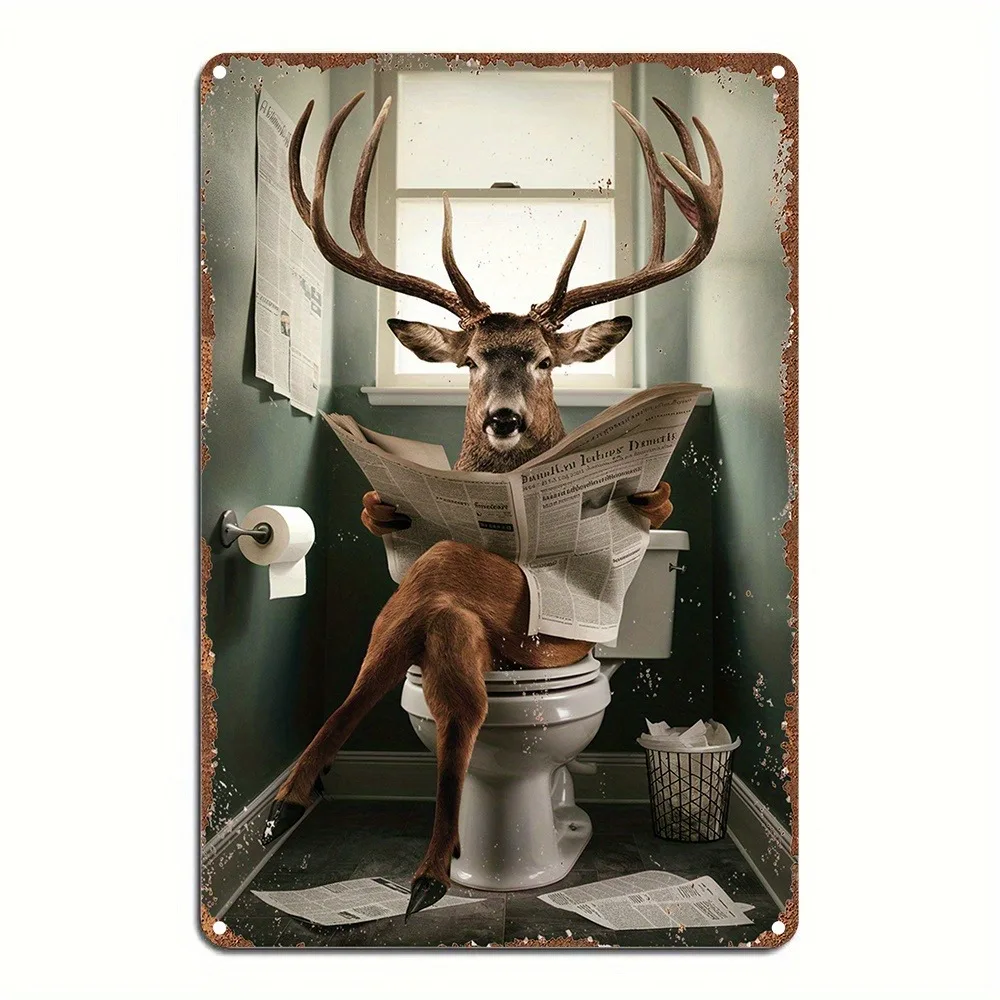 Vintage Metallschild „Hirsch auf der Toilette“, Humorvolle Wasserfeste Wandkunst 8x12 Zoll für Badezimmer, Bar & Männerhöhle