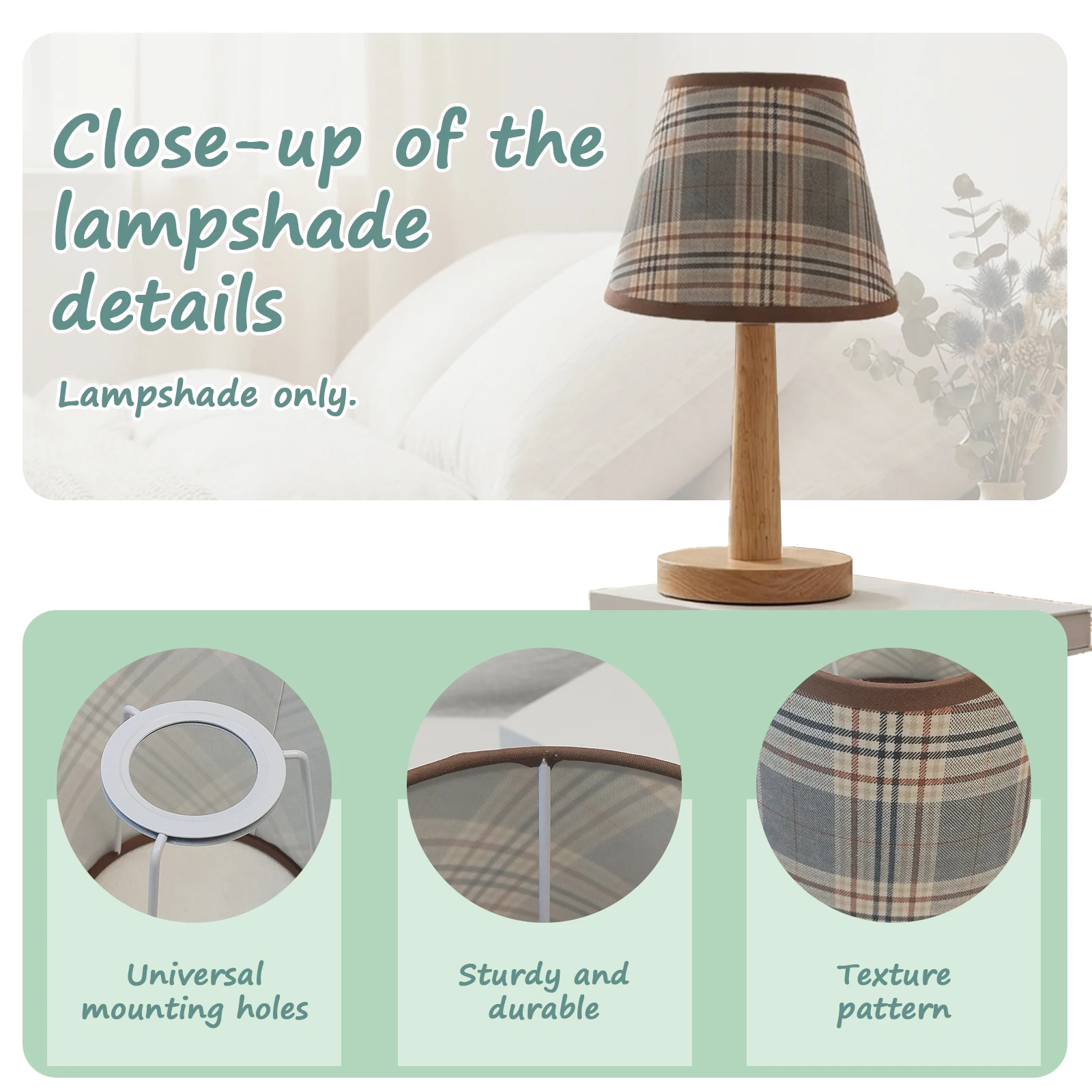 Fabric Cone Lampshade 3 Styles Plaid Woven Texture with Gold Trim for Table Lamp Wall Lamp Cozy Home Decor