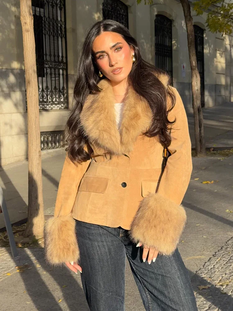 Żakiet damski z odpinanym futrzanym kołnierzem, elegancka kurtka z klapami, długie rękawy, kieszenie, ozdobny, jednorzędowy, modny blezer damski.