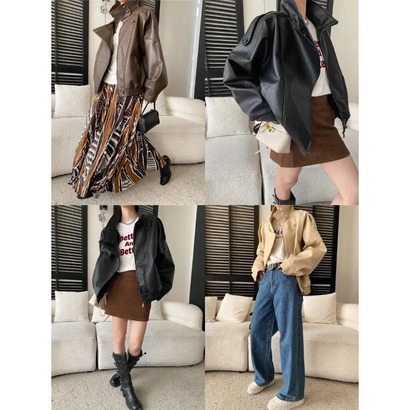 Sisann American Street Style Soft Lychee Texture PU Leather Stand Collar Oversized Leather Jacket SN8699 NX9C