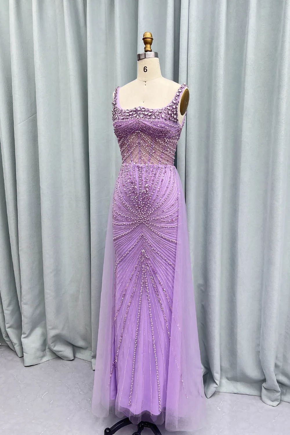 YQLNNE Purple Crystals Long Evening Dresses Mermaid Straps Tulle Beaded Weddding Party Gown