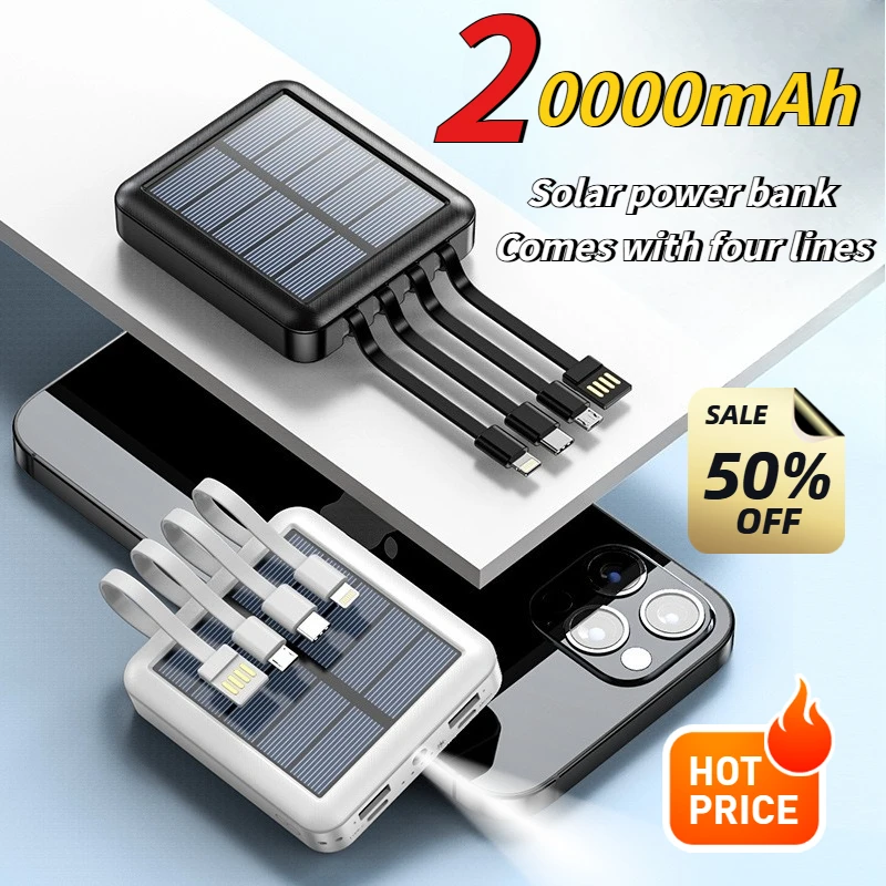 20000 мАч Solar Move Power Bank Супер быстрая зарядка USB TYPE C Кабель Портативное зарядное устройство Светодиодное освещение Power Bank для IPhone Samsung