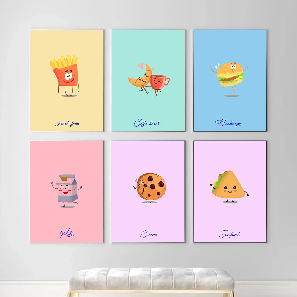 Милые Мультяшные плакаты с едой, принты гамбургеров, печенья, сэндвич, Картина на холсте, настенные художественные картины для ресторана, детской комнаты, домашний декор