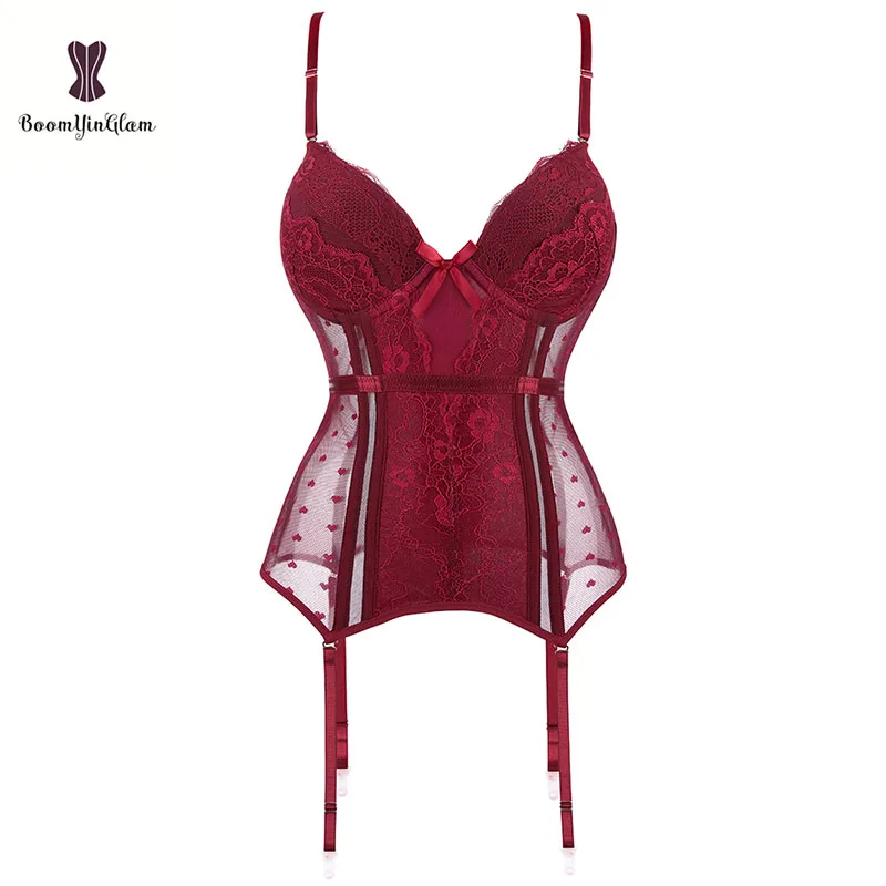 Padded Cups Stretch Lace Corset With Thong And Bow Removable Straps Bustier Sexy Lingerie