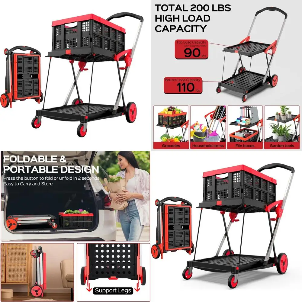 

Folding Shopping Cart with Wheels, 200 lbs Load Capacity Grocery Trolley, Storage Crate Included, Platform Hand Truck with Foot