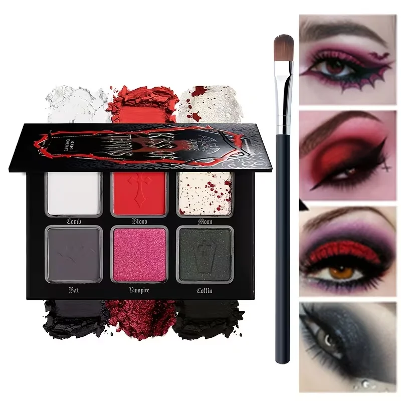 Paleta de sombras de ojos góticas con temática de vampiros, disponible en 6 colores, con pincel de maquillaje, sombras de ojos mate, brillantes y con purpurina, ideal para maquillaje de ojos ahumados para Halloween y disfraces.