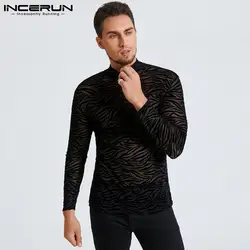 INCERUN Men Mesh T Shirt Turtleneck Long Sleeve See Through Printed Casual Sexy Tee Tops Streetwear Party Nightclub Camisetas