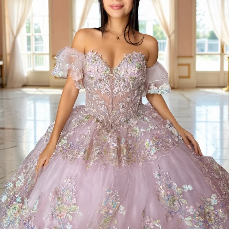 Pastel Lavender Quinceanera Dress Flower Decal Lace Layering Long tail off-shoulder Bow Vestidos De 15 Quinceanera Customize