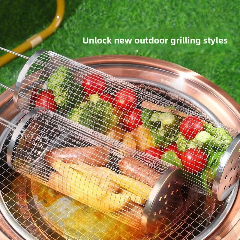 

Outdoor Stainless Steel BBQ Grill Net round Rolling Iron Cage Home Use Barbecue Cylinder Portable Camping Cooking Equipment