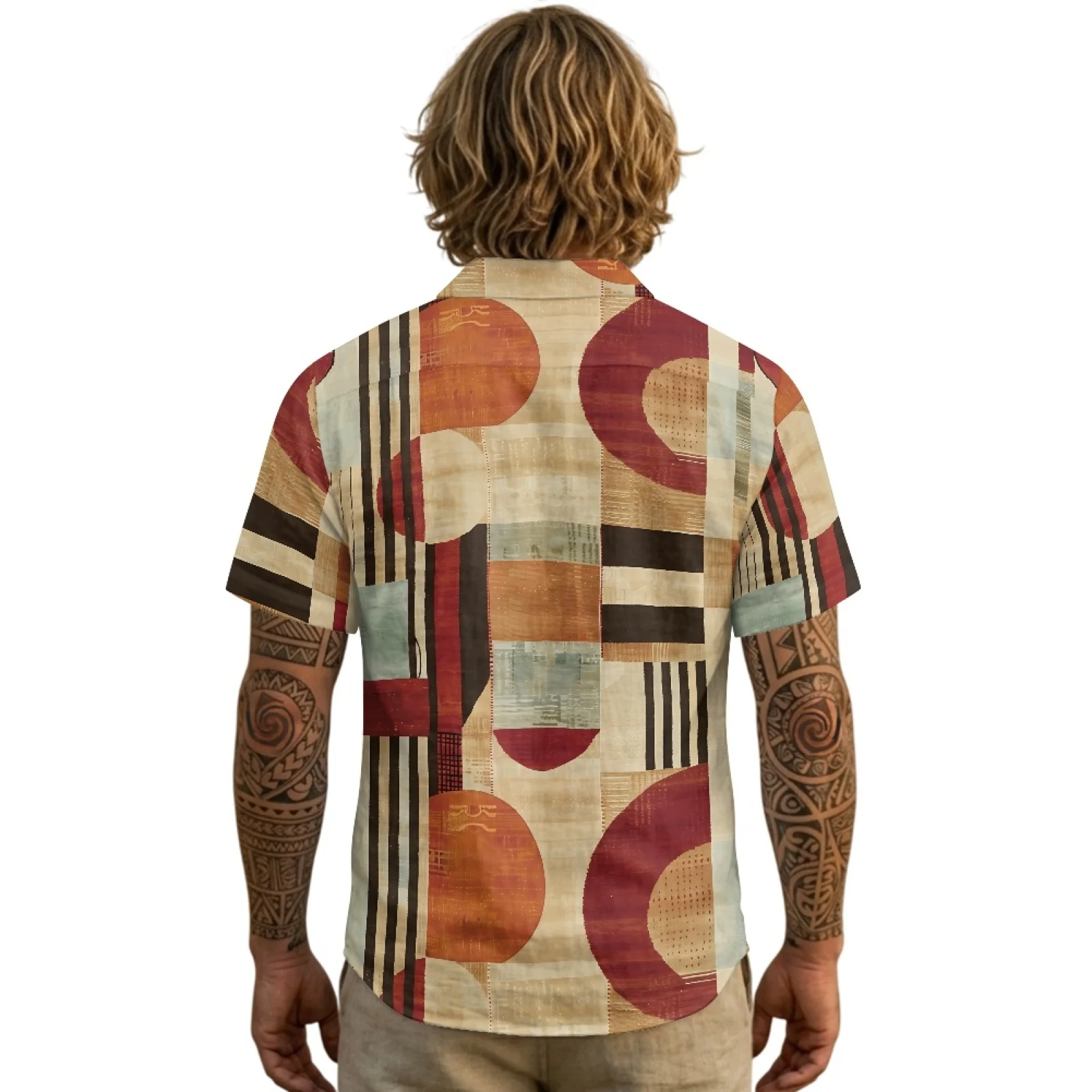 PENSTROLL Breathable Linen Style Mens Button Down Shirt Quick Drying Short-Sleeve Hawaiian Shirt for Travel Geometric Patchwork