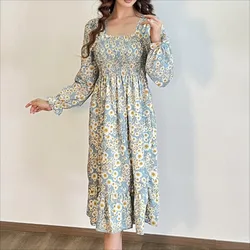 Autumn Spring Casual Dress Women Chiffon Dresses Long Sleeve A-line Printed Floral Elastic Chest Lace Up Midi Dresses Vestidos