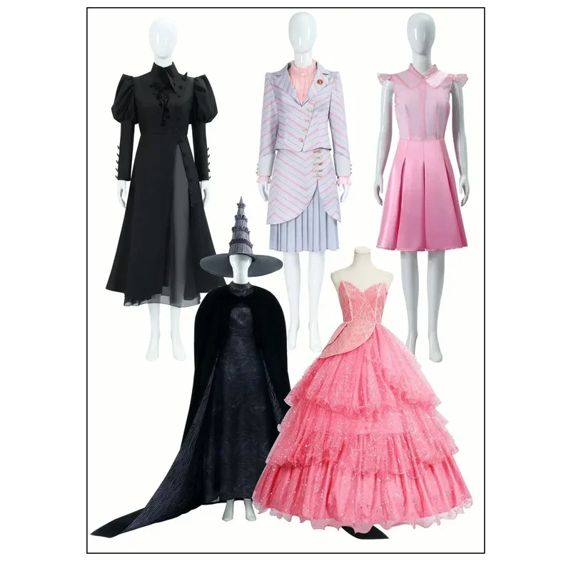 أزياء الساحرات التأثيرية الشريرة لفيلم قوطي أزياء غليندا إلفابا التأثيرية للحفلات لعب الأدوار بدلة وردية فستان أسود رداء قبعة