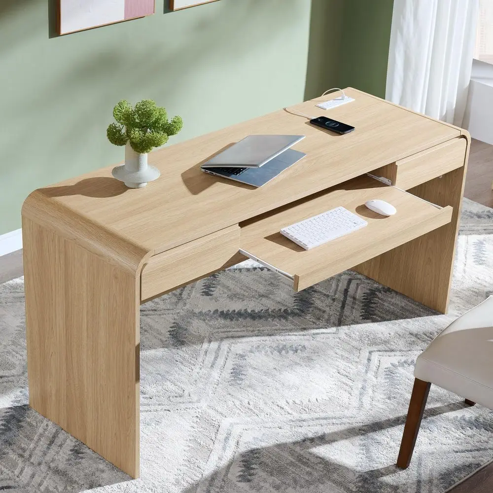 

Modern Computer Desk with 2 Drawers, Wood Curved Executive Desk with Keyboard Tray amp Power Outlet, Writing Desks with Storage