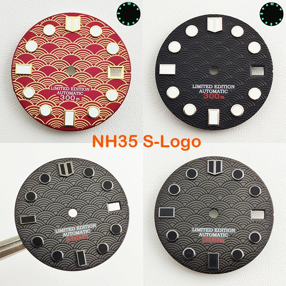 Dial 28.5mm NH35 Black Red Fishscale S logo Watch Dial Super Green Luminous For NH35 NH36 Movement Watch replacement parts