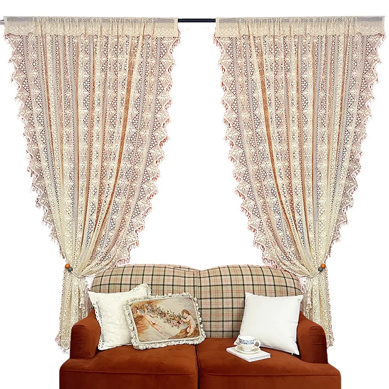 

Retro French American Pastoral Cotton Crochet No Punching Hollow Crochet Gauze Curtain Decorative Curtain Finished Curtain