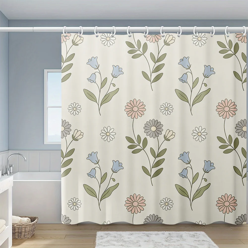 Light Blue Pink Daisy Bellflower Line Printed Shower Curtain, Fresh Healing Style Shower Curtain, Polyester Fabric, with 12 Hook