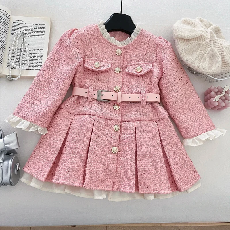 

2025Winter New Thickened Fleece Dress for Baby Girls Pink Lace Pleated Princess Dress17670