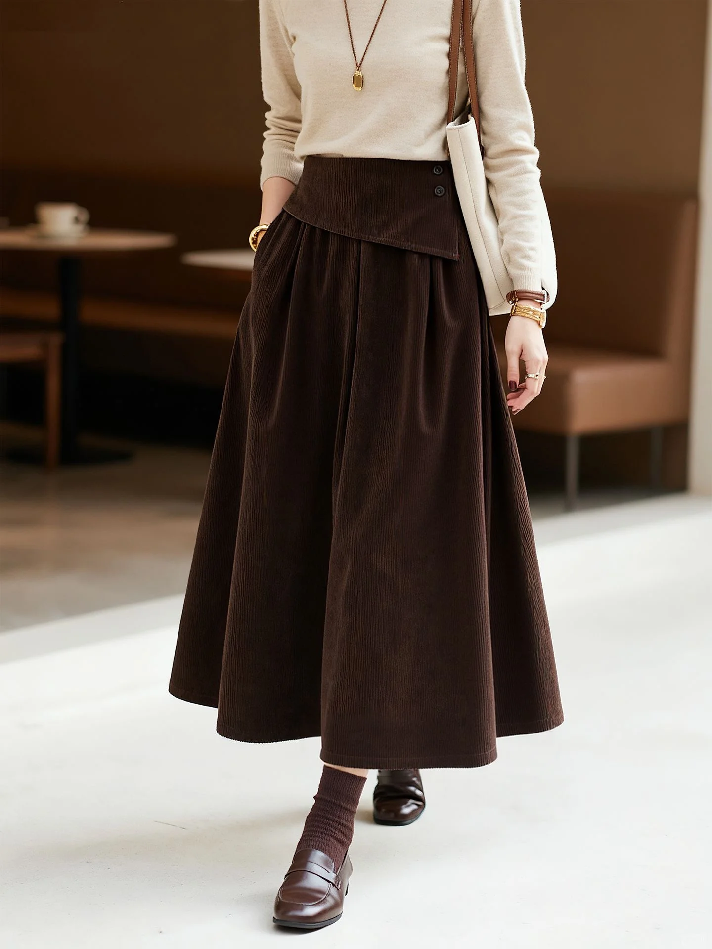 Elegant Deep Brown Asymmetrical A-Line  Skirt for Women High Waist Umbrella Skirt Commute Style Casual Chic Autumn New Ar...