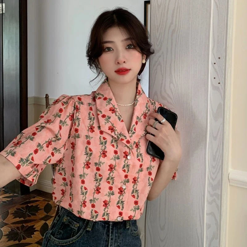 Vintage Shirts Women Sweet Elegant Floral Print Blouses Summer Retro Streetwear Harajuku Korean Loose Casual Cardigan Tops New