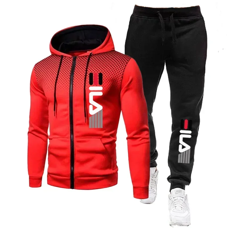 Two Piece Jogger Suits Mens Autumn Winter Long Sleeve Zipper Print Hoody Coat and Long Sweatpants Male Outdoors Sport Tracksuits