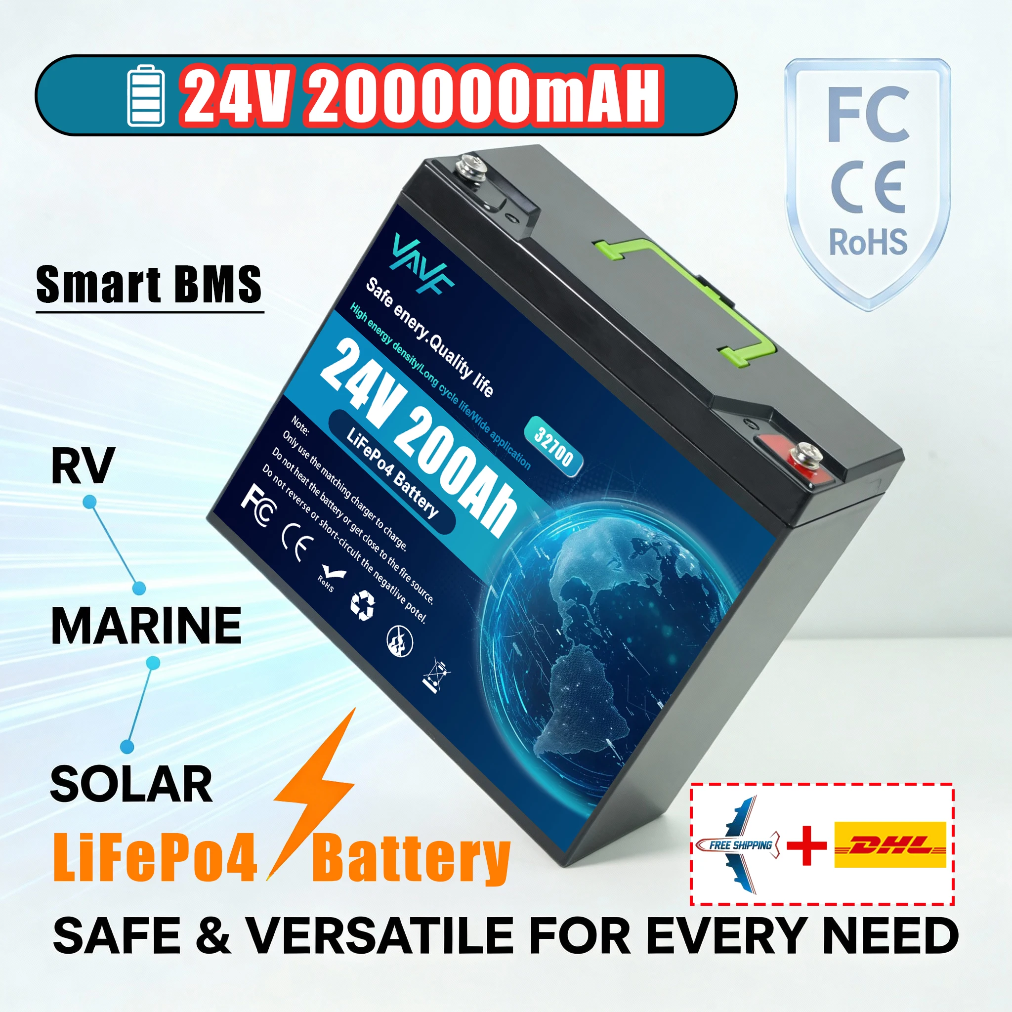 

24V 200Ah LiFePO4 Battery with BMS 8000+Cycles,for Solar Energy StorageRV Travel, Boats☂️Off-Road Adventures & Off-Grid Homes