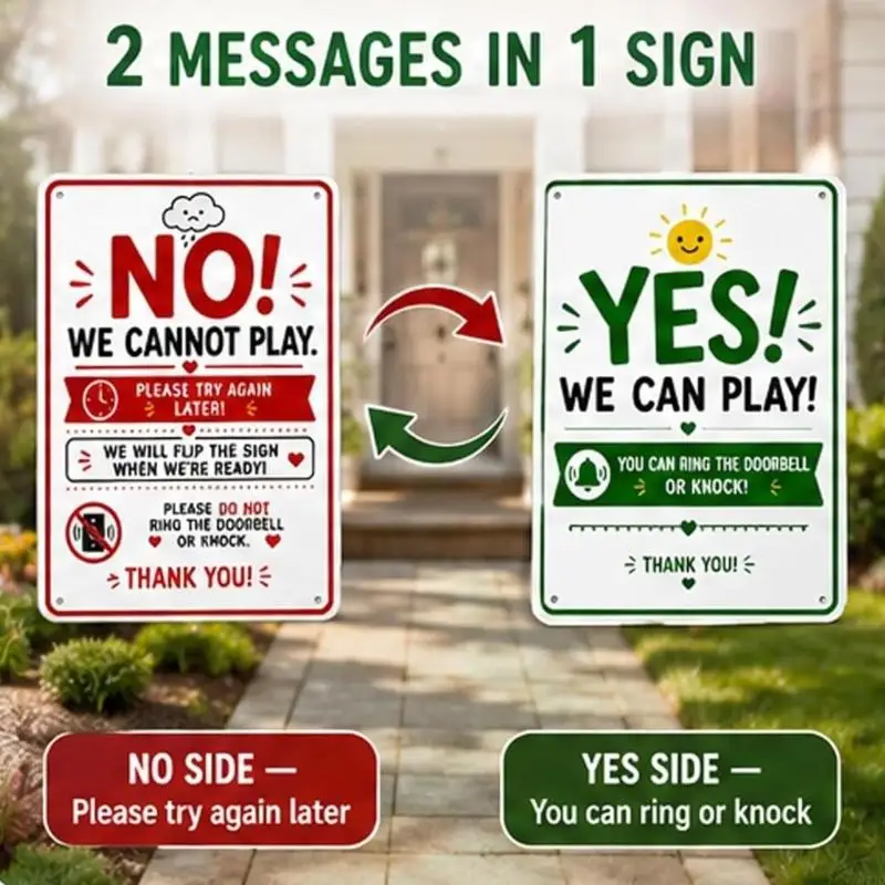 Reversible Playtimes Door Sign, Double Sided Metal Hanging Sign for Family with Kids at Front Door Entry Use 37JD