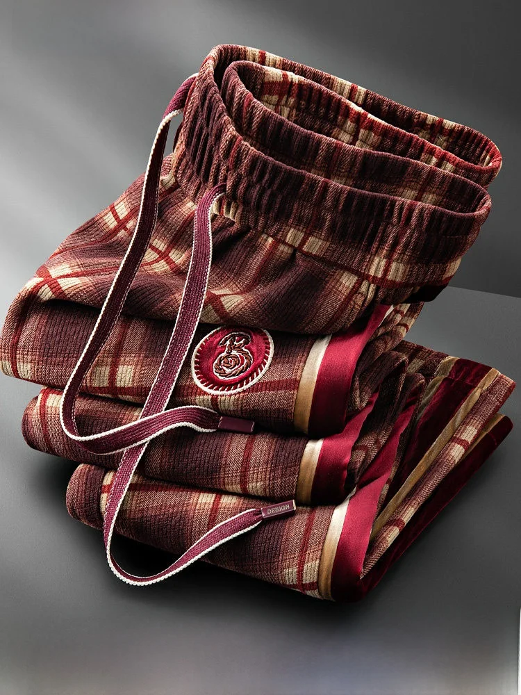

Autumn Winter Cotton Fce Men's Casual Pants Straight Leg Sided Strap High End Plaid Busin Long Trousers